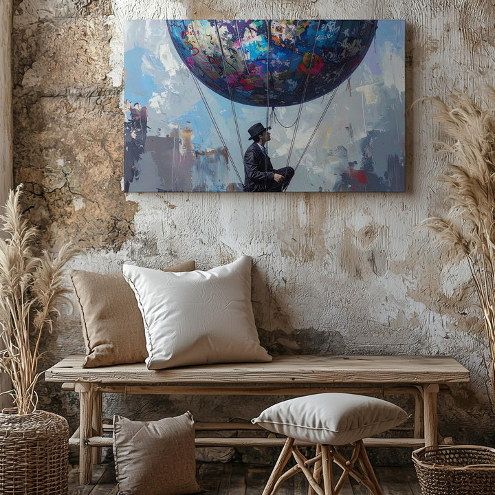 Graffiti Balloon Escape Canvas – Surreal Urban Fantasy with Bowler Hat Rider - Gifitto