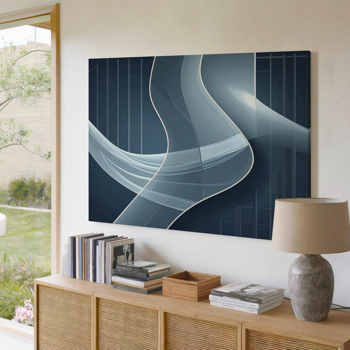 Luminous Ribbon Flow Canvas – Futuristic Abstract Light on Deep Blue - Gifitto