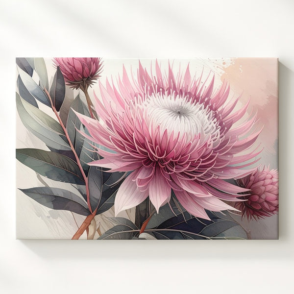 Protea Flower Canvas – Soft Pink & Mauve Botanical Art - Gifitto