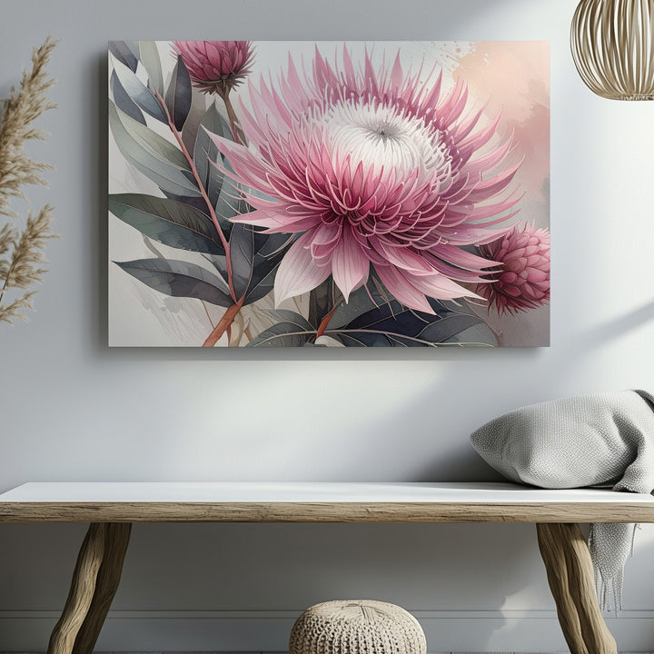 Protea Flower Canvas – Soft Pink & Mauve Botanical Art - Gifitto