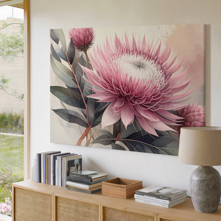 Protea Flower Canvas – Soft Pink & Mauve Botanical Art - Gifitto