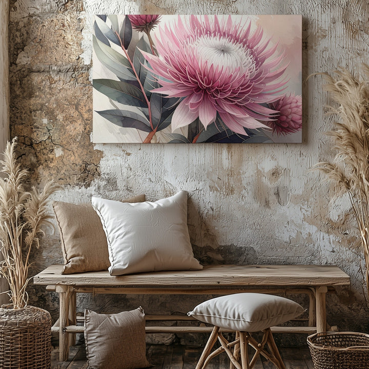 Protea Flower Canvas – Soft Pink & Mauve Botanical Art - Gifitto