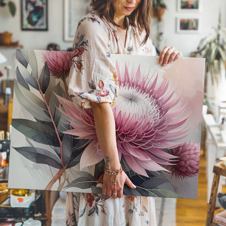 Protea Flower Canvas – Soft Pink & Mauve Botanical Art - Gifitto