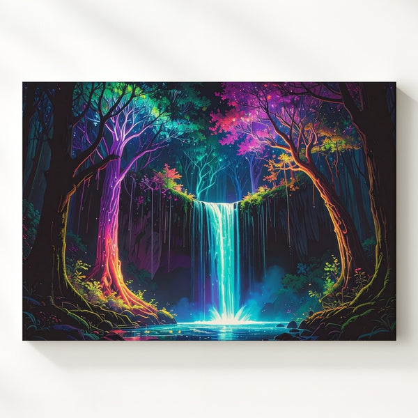 Bioluminescent Forest Canvas – Glowing Trees and Luminous Waterfall Art - Gifitto