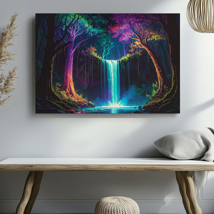Bioluminescent Forest Canvas – Glowing Trees and Luminous Waterfall Art - Gifitto