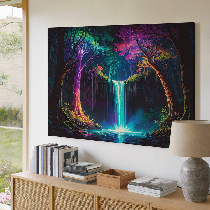 Bioluminescent Forest Canvas – Glowing Trees and Luminous Waterfall Art - Gifitto