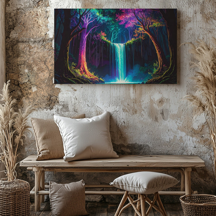 Bioluminescent Forest Canvas – Glowing Trees and Luminous Waterfall Art - Gifitto