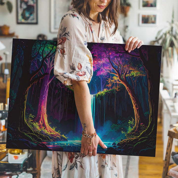 Bioluminescent Forest Canvas – Glowing Trees and Luminous Waterfall Art - Gifitto