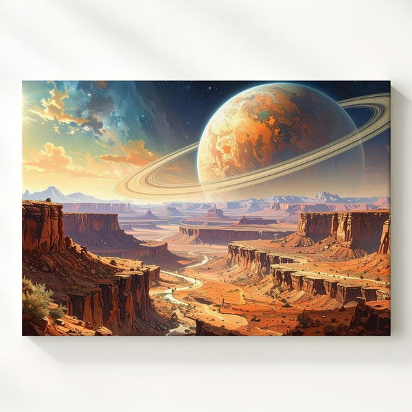 Alien Landscape Canvas – Gas Giant Planets and Desolate Terrain with Glowing Rings - Gifitto