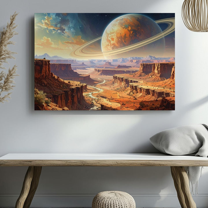 Alien Landscape Canvas – Gas Giant Planets and Desolate Terrain with Glowing Rings - Gifitto