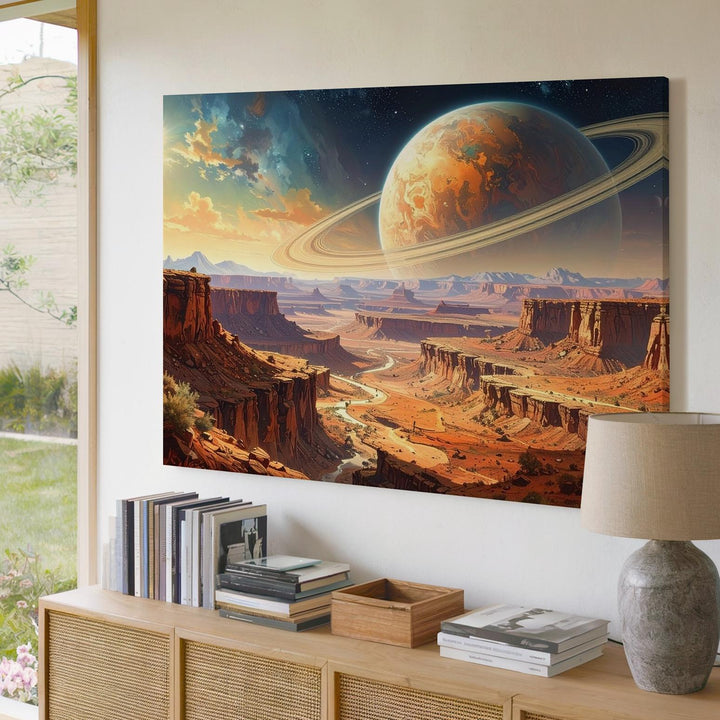 Alien Landscape Canvas – Gas Giant Planets and Desolate Terrain with Glowing Rings - Gifitto