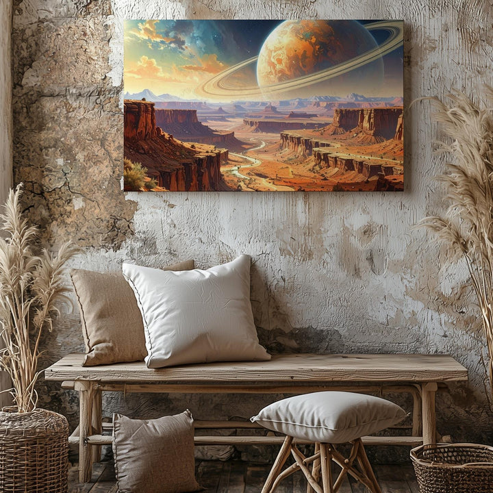 Alien Landscape Canvas – Gas Giant Planets and Desolate Terrain with Glowing Rings - Gifitto