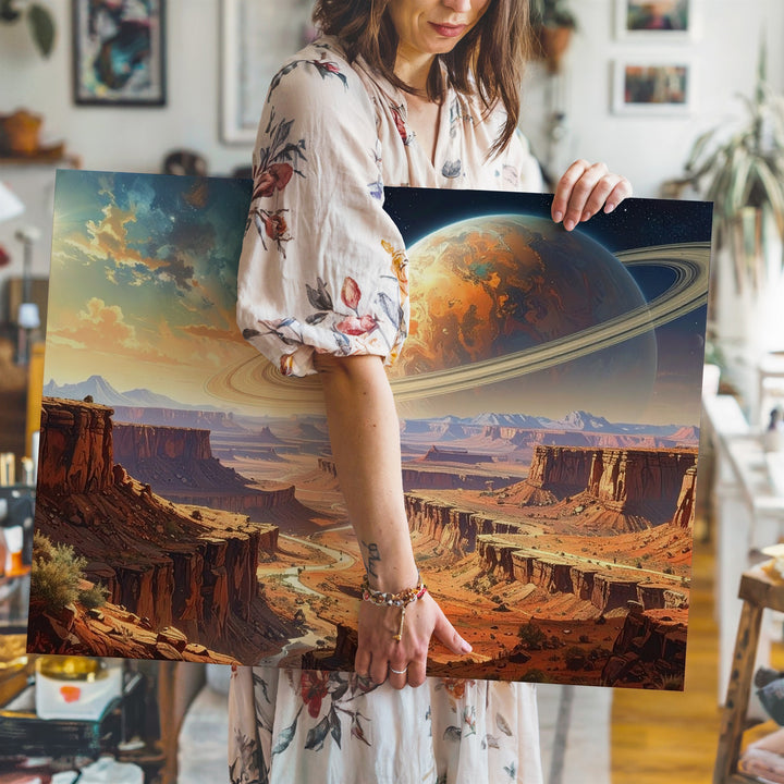 Alien Landscape Canvas – Gas Giant Planets and Desolate Terrain with Glowing Rings - Gifitto