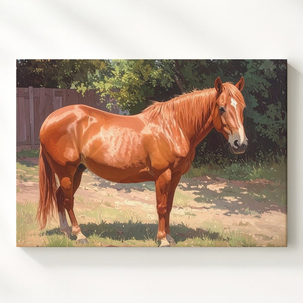 Chestnut Horse in Paddock Canvas – Naturalistic Equestrian Art - Gifitto