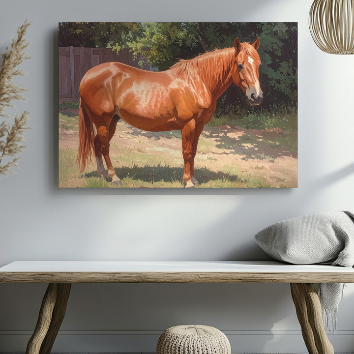 Chestnut Horse in Paddock Canvas – Naturalistic Equestrian Art - Gifitto