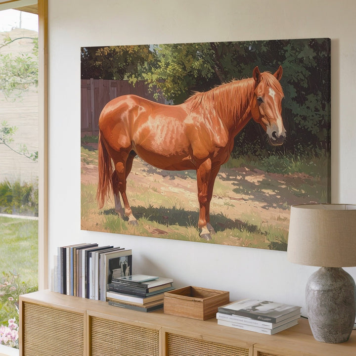 Chestnut Horse in Paddock Canvas – Naturalistic Equestrian Art - Gifitto