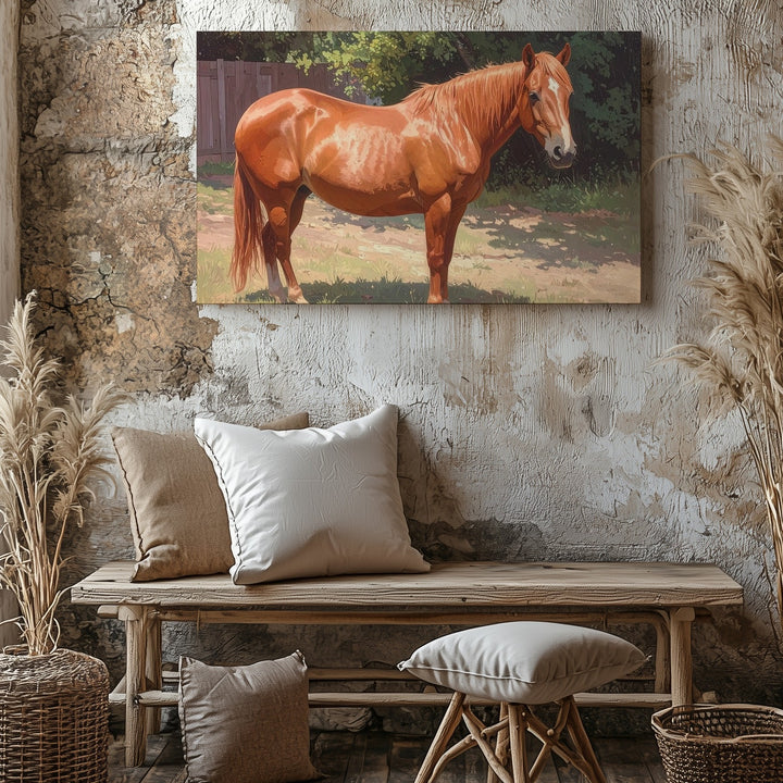 Chestnut Horse in Paddock Canvas – Naturalistic Equestrian Art - Gifitto