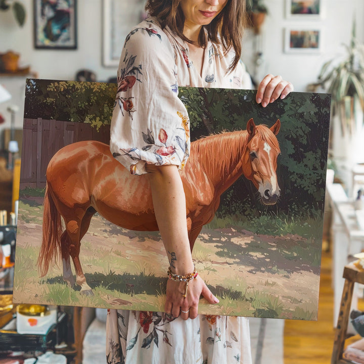 Chestnut Horse in Paddock Canvas – Naturalistic Equestrian Art - Gifitto