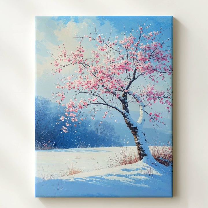 Winter Blossom Tree Canvas – Poetic Snowy Landscape with Pink Flowers - Gifitto
