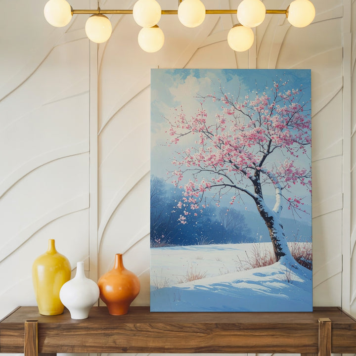 Winter Blossom Tree Canvas – Poetic Snowy Landscape with Pink Flowers - Gifitto