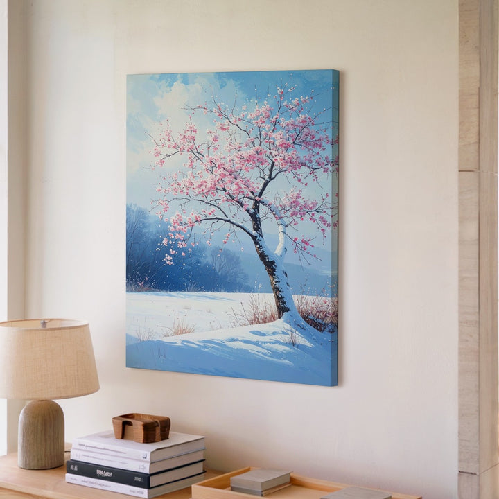 Winter Blossom Tree Canvas – Poetic Snowy Landscape with Pink Flowers - Gifitto