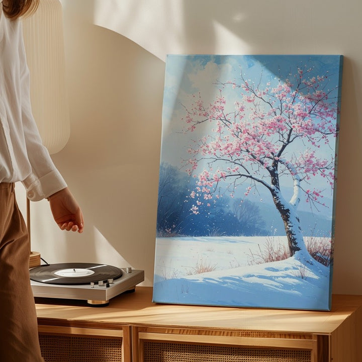 Winter Blossom Tree Canvas – Poetic Snowy Landscape with Pink Flowers - Gifitto