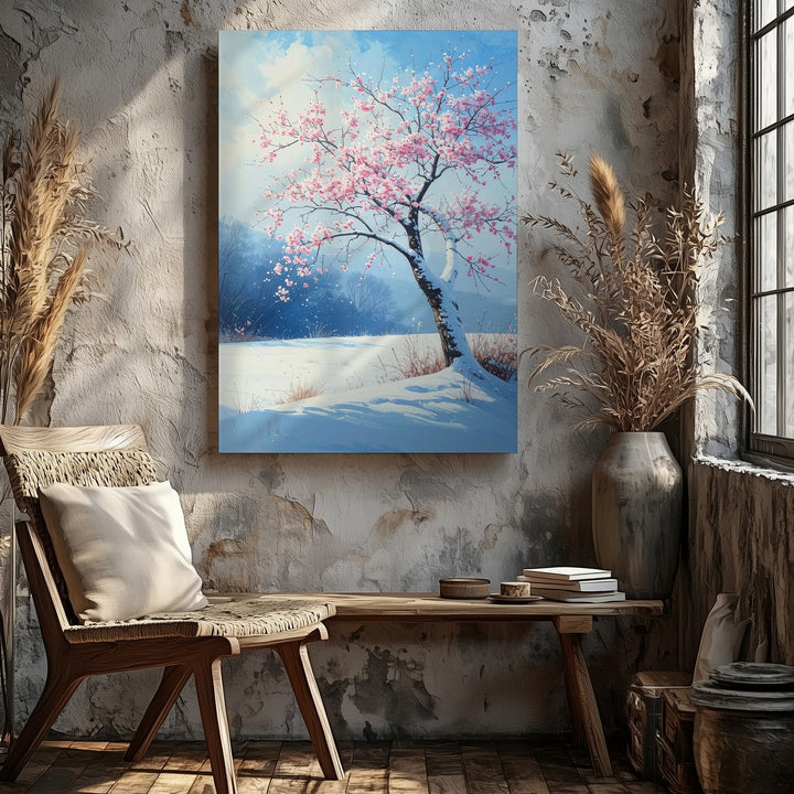 Winter Blossom Tree Canvas – Poetic Snowy Landscape with Pink Flowers - Gifitto