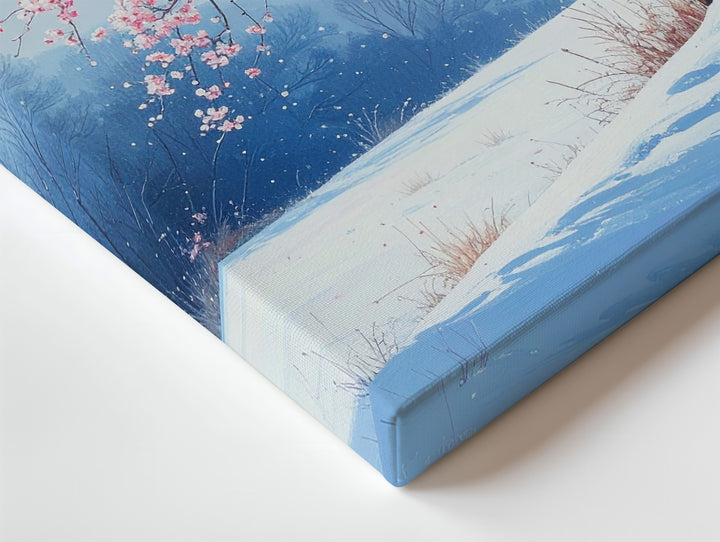 Winter Blossom Tree Canvas – Poetic Snowy Landscape with Pink Flowers - Gifitto