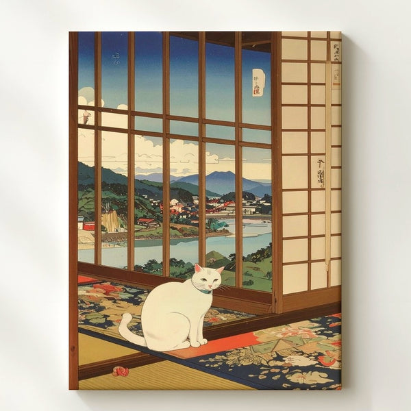 Serene Shoji Cat Canvas – Japanese Woodblock-Inspired Peaceful Window Scene - Gifitto