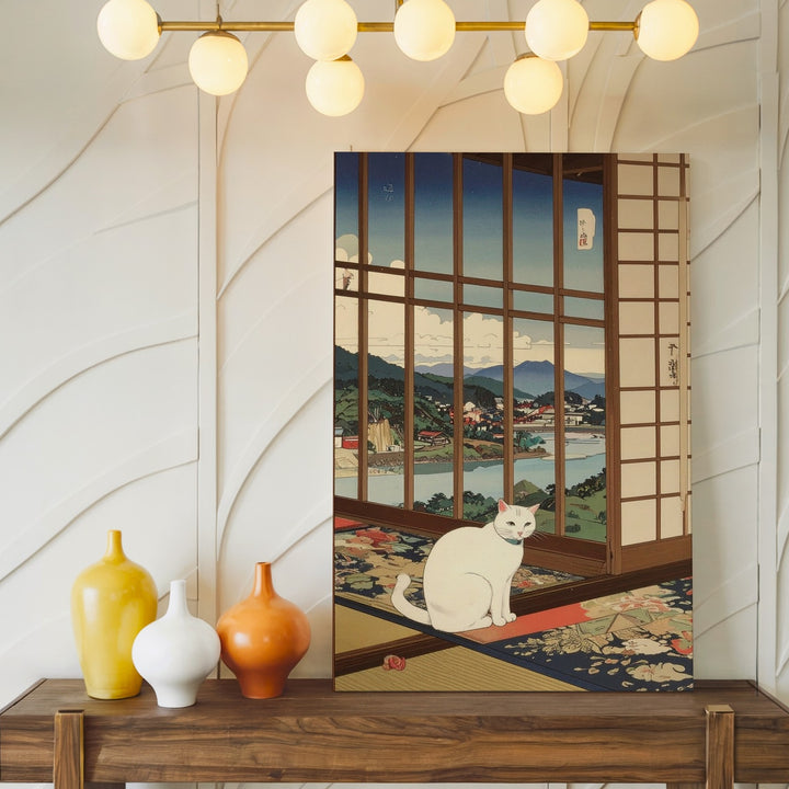 Serene Shoji Cat Canvas – Japanese Woodblock-Inspired Peaceful Window Scene - Gifitto