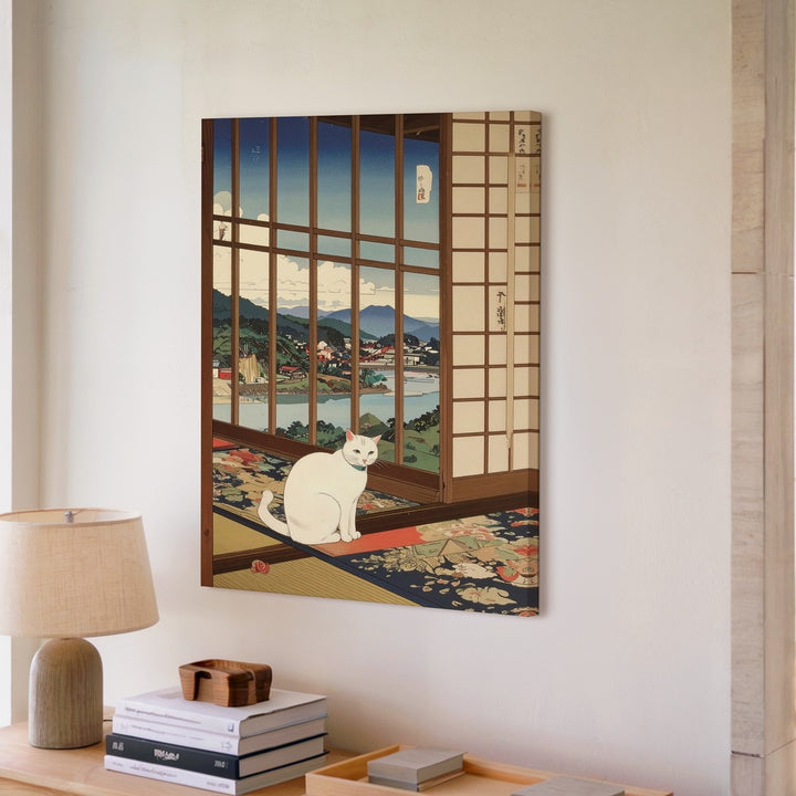 Serene Shoji Cat Canvas – Japanese Woodblock-Inspired Peaceful Window Scene - Gifitto