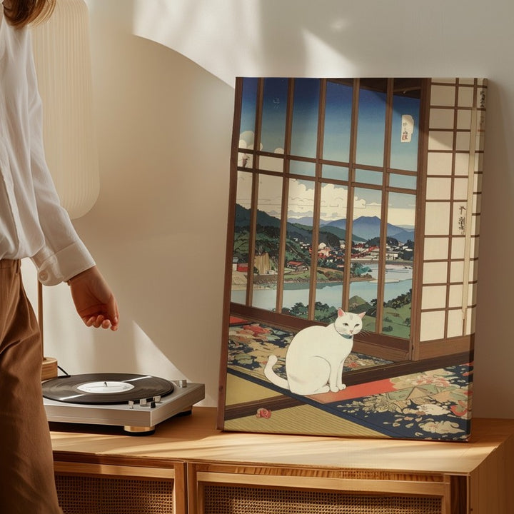 Serene Shoji Cat Canvas – Japanese Woodblock-Inspired Peaceful Window Scene - Gifitto