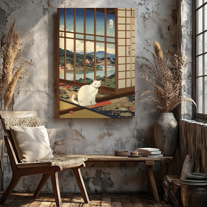 Serene Shoji Cat Canvas – Japanese Woodblock-Inspired Peaceful Window Scene - Gifitto