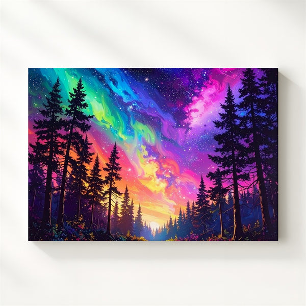 Aurora Forest Canvas – Neon Sky Over Majestic Pine Silhouettes - Gifitto