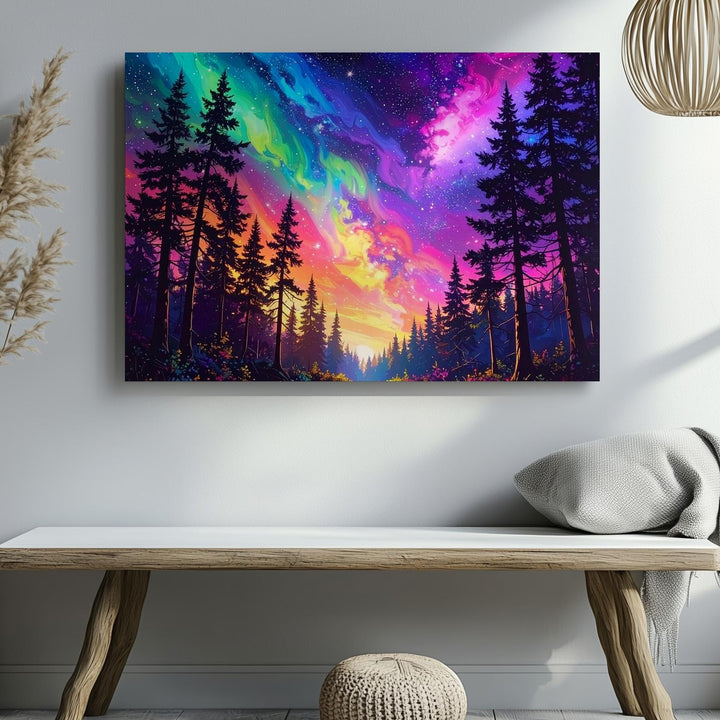 Aurora Forest Canvas – Neon Sky Over Majestic Pine Silhouettes - Gifitto