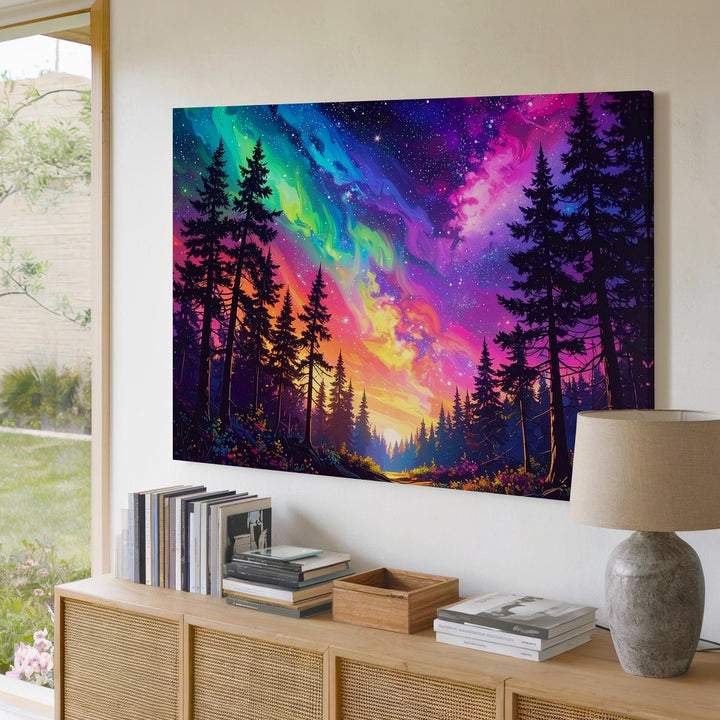 Aurora Forest Canvas – Neon Sky Over Majestic Pine Silhouettes - Gifitto