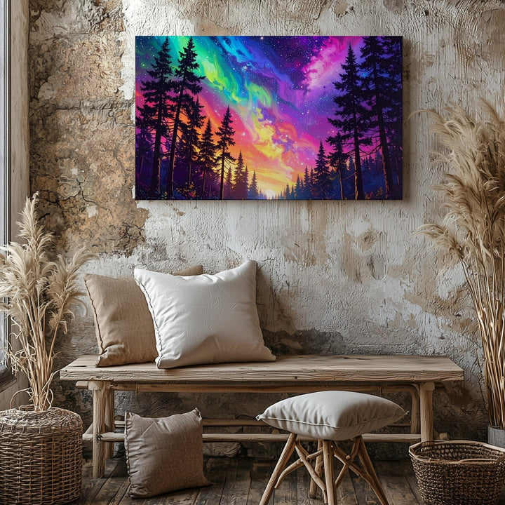 Aurora Forest Canvas – Neon Sky Over Majestic Pine Silhouettes - Gifitto