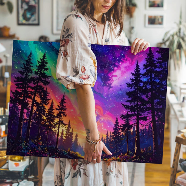 Aurora Forest Canvas – Neon Sky Over Majestic Pine Silhouettes - Gifitto