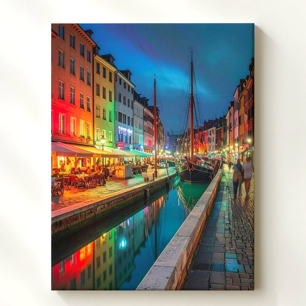 European Canal Night Canvas – Vibrant Waterside Scene with Neon Lights