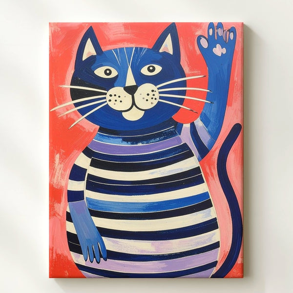 Waving Blue Cat Canvas – Playful Striped Feline in Folk Art Style - Gifitto