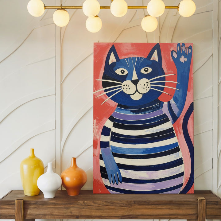 Waving Blue Cat Canvas – Playful Striped Feline in Folk Art Style - Gifitto