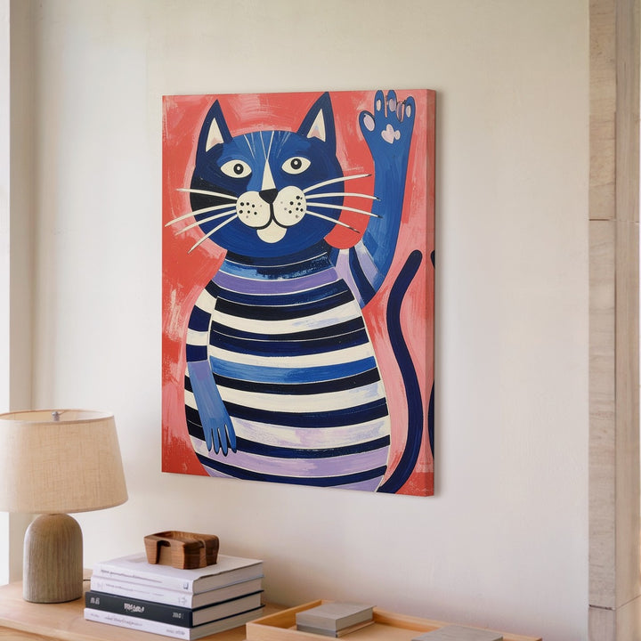 Waving Blue Cat Canvas – Playful Striped Feline in Folk Art Style - Gifitto
