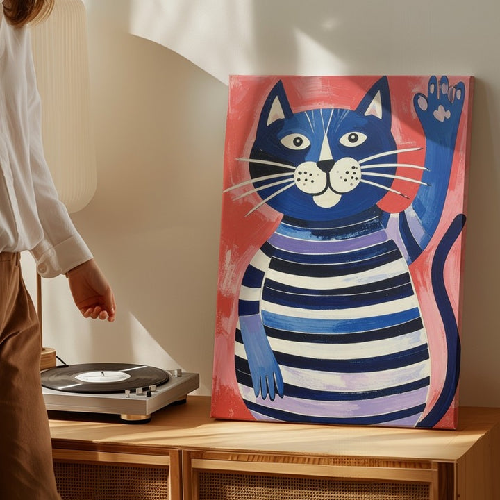 Waving Blue Cat Canvas – Playful Striped Feline in Folk Art Style - Gifitto
