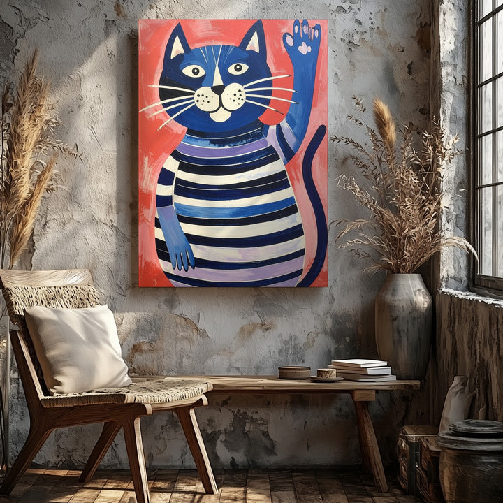 Waving Blue Cat Canvas – Playful Striped Feline in Folk Art Style - Gifitto