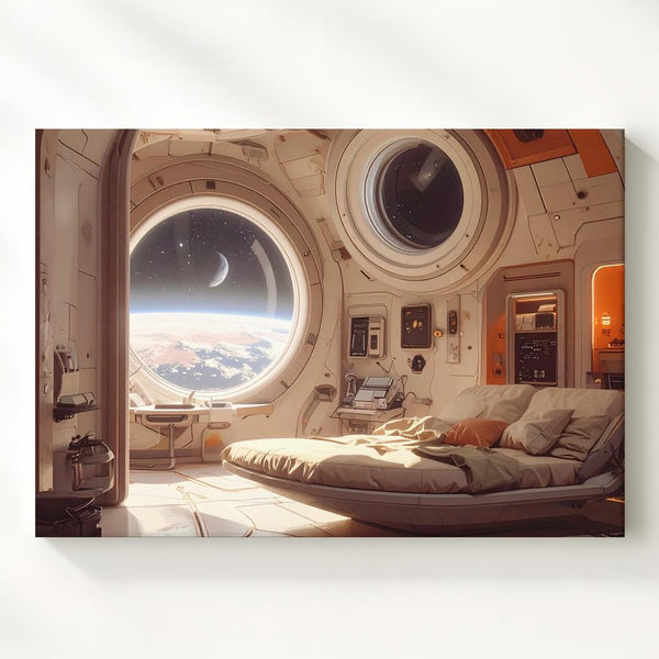 Futuristic Space Station Interior Canvas – Cozy Room with Circular Window and Distant Planet View - Gifitto