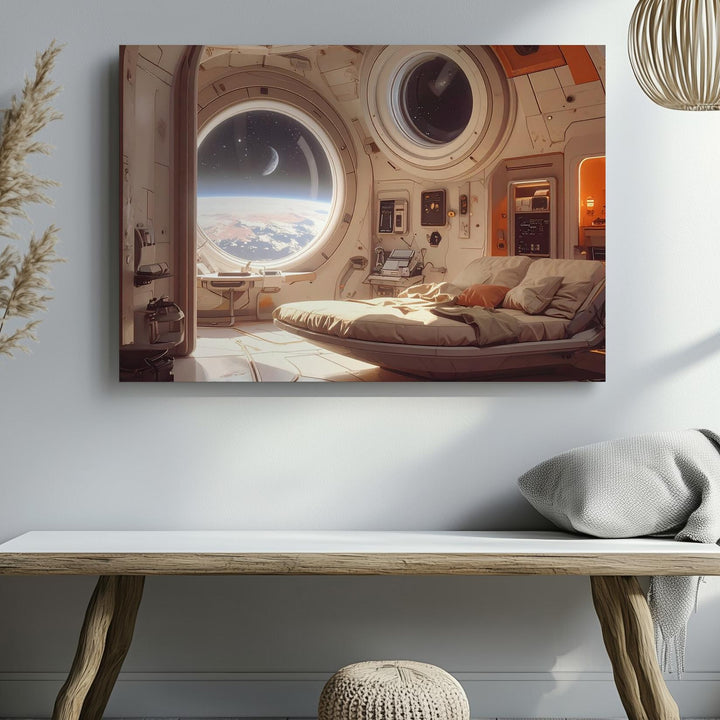 Futuristic Space Station Interior Canvas – Cozy Room with Circular Window and Distant Planet View - Gifitto