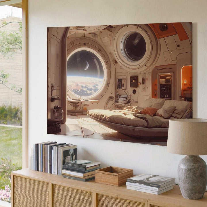 Futuristic Space Station Interior Canvas – Cozy Room with Circular Window and Distant Planet View - Gifitto