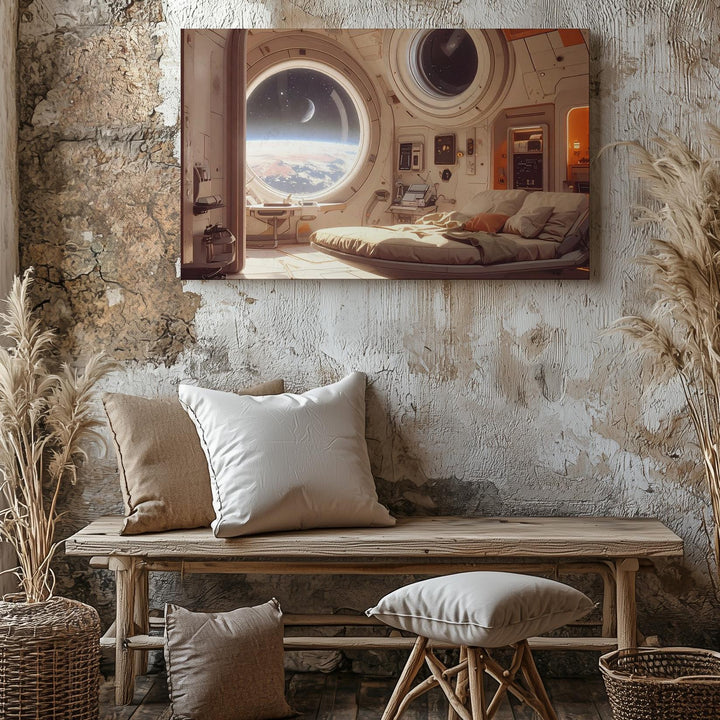 Futuristic Space Station Interior Canvas – Cozy Room with Circular Window and Distant Planet View - Gifitto