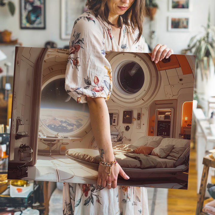 Futuristic Space Station Interior Canvas – Cozy Room with Circular Window and Distant Planet View - Gifitto