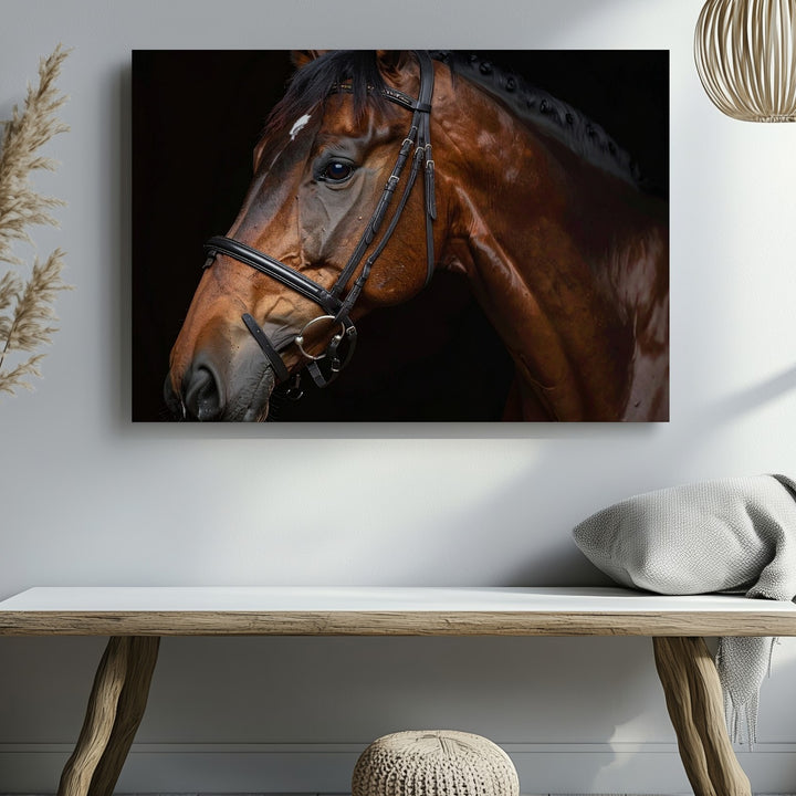 Elegant Brown Horse Portrait Canvas – Detailed Equestrian Bridle Art - Gifitto